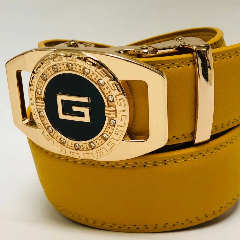 Gold Buckle Leather Mustard Belt‎ Designer Style Fashion Belt Automatic Buckle